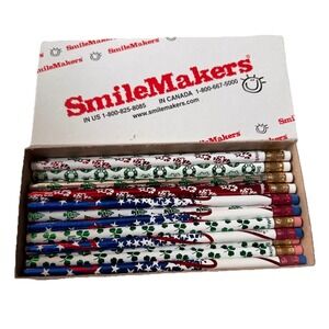 VTG (40) Wooden Novelty Pencils Unused Smile Makers Box USA Christmas Shamrocks